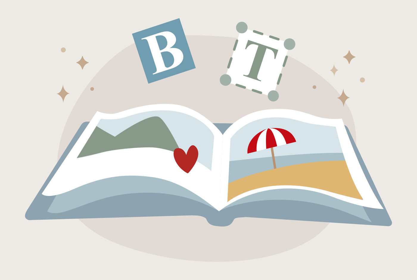 Ilustrație în stil clipart cu o fotocarte deschisă, în care se văd fotografii din vacanță. Deasupra cărții apar literele „b” și „t”.