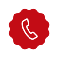 Receptor de telefon roșu pe fundal alb într-un badge rotund.