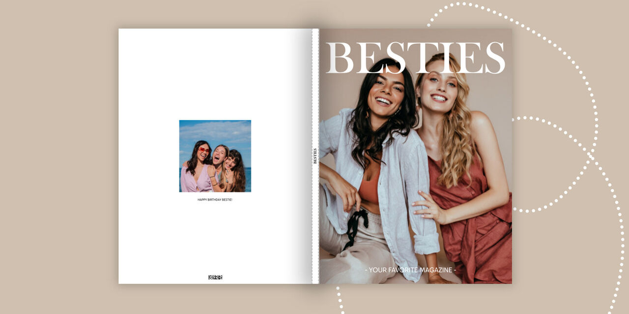 O fotocarte inspirată de o revistă de modă, cu o copertă bej pe care apar fotografia a două prietene și titlul „BESTIES”.
