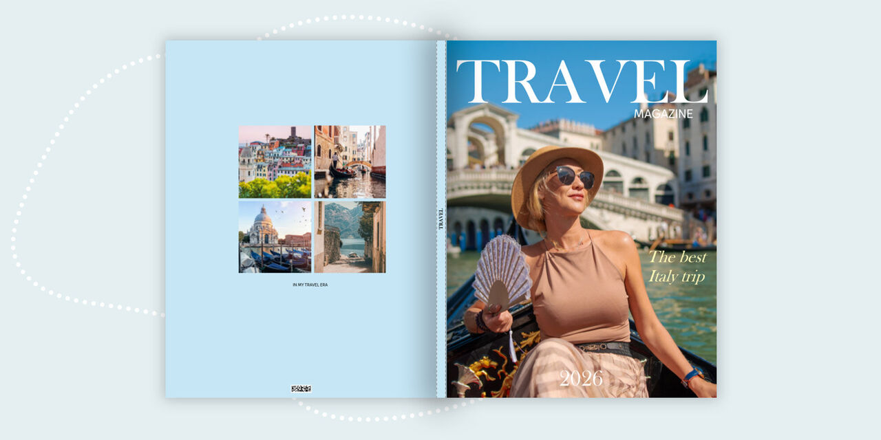 O fotocarte inspirată de o revistă de modă, cu o copertă bleu pe care apare fotografia unei femei într-o barcă plutind pe un canal și titlul „TRAVEL”.